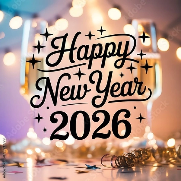 Fototapeta  a celebratory happy new year 2026 image featuring champagne glasses, sparkling lights, and confetti, creating a festive atmosphere