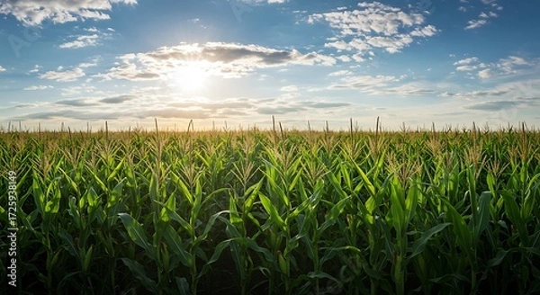 Obraz Serene summer landscape of a cornfield at sunset. The bright sun illuminates the vibrant green stalks and the beautiful wispy clouds above