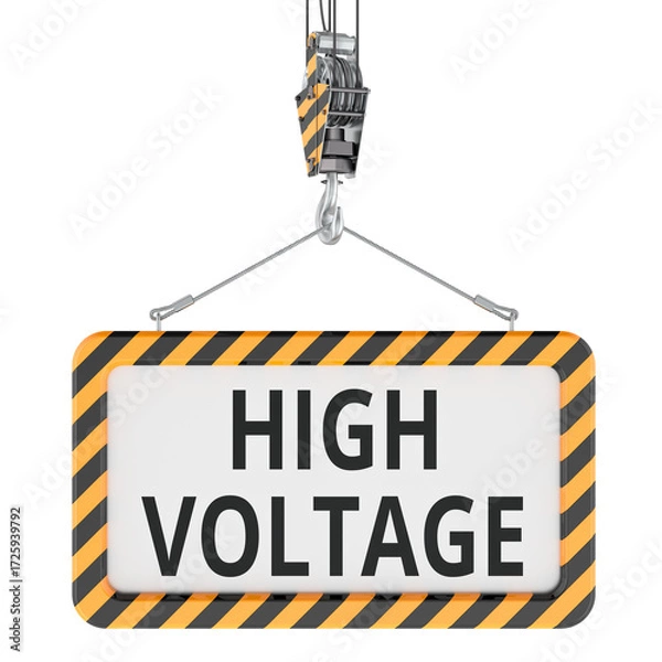 Fototapeta High voltage warning sign hanging on crane hook. 3D rendering