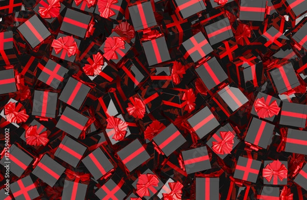 Fototapeta Black gift boxes with red ribbons pile, background. 3D rendering