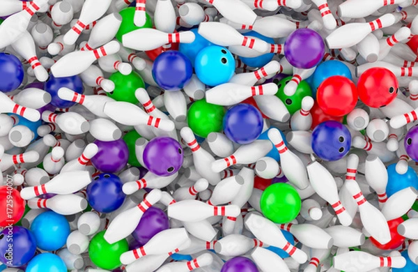 Fototapeta Bowling ball and skittles pile, background. 3D rendering