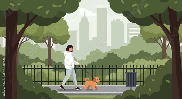 Obraz A Woman Enjoys a Serene Walk with Her Adorable Dog in a Lush City Park Surrounded by Trees and Buildings