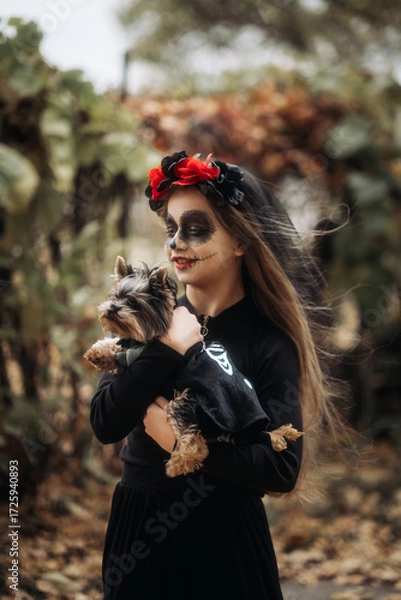 Fototapeta A young woman in a Day of the Dead costume: purple and violet skull makeup, red roses on a wreath, and a black cloak. She held a small dog against the backdrop of an autumn park with fallen leaves.