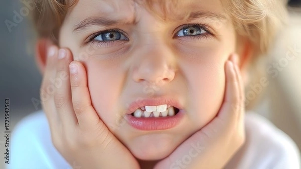 Fototapeta Child in distress from a painful toothache during a sunny day