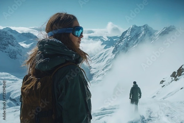 Fototapeta Exploring the snowy mountain wilderness under bright blue skies
