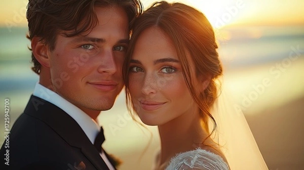 Fototapeta Couple embraces warmth of sunset on beach with joy and love shining through