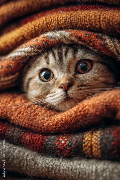 Obraz Cinematic studio photography of stacked Scottish fold cat blankets in warm autumn tones, with a curious kitten nose peeking through, cozy seasonal textures and inviting charm.