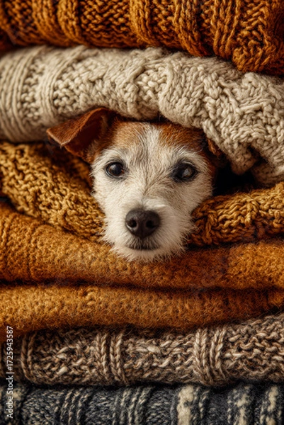 Obraz A playful white and brown terrier nestled in autumn-colored knitted blankets, nose poking out, cinematic studio shot with cozy textures and seasonal warmth.