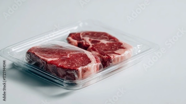 Fototapeta Packaged raw red meat in transparent plastic container for food industry product concept