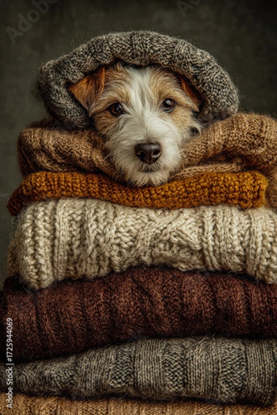Obraz Cinematic photograph of stacked knitted blankets in warm autumn colors with a small white and brown terrier poking its nose through, cozy seasonal textures and charm.