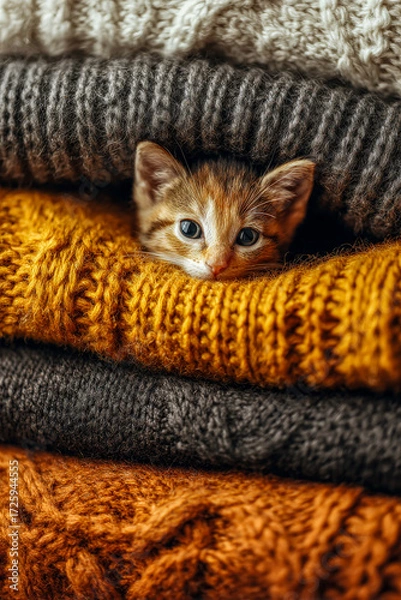 Obraz Knitted blankets stacked in autumn hues with a kitten’s nose peeking out, cinematic photography captures cozy seasonal charm, soft textures, and inviting studio lighting.