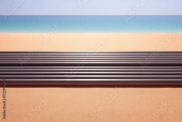 Fototapeta Several dark gray pipelines rest on a light-brown sandy beach near a calm ocean
