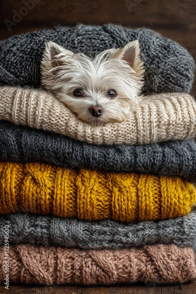 Obraz Knitted blankets stacked in autumn shades with a small white lapdog peeking out, cozy textures, soft muted tones, and charming seasonal lifestyle aesthetic.