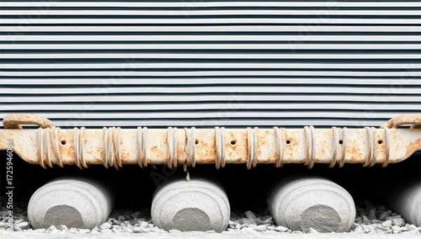 Fototapeta Rusty metal platform rests on concrete cylindrical supports against a striped wall