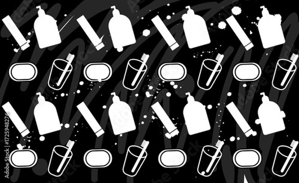 Obraz Pattern with bathroom items toothbrush toothpaste soap shampoo vector svg icons silhouette black