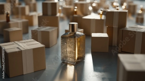 Fototapeta Perfume bottle surrounded by multiple cardboard packages
