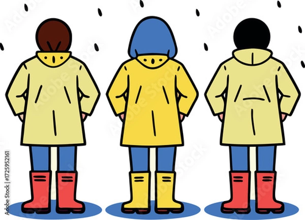 Fototapeta Three People in Yellow Raincoats Standing in the Rain Vector Illustration