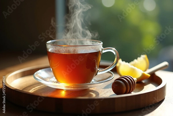 Fototapeta Steaming, hot dark tea in a clear glass cup and saucer, with a wooden honey dipper and lemon slices on a polished wooden tray by a sunlit window.