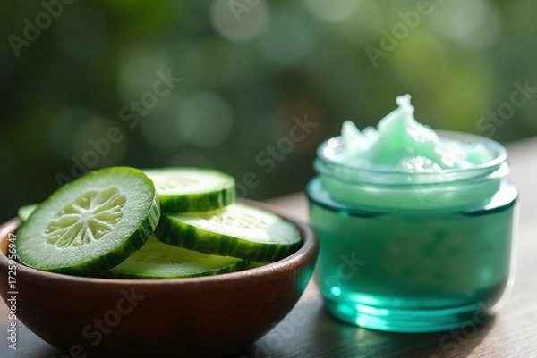 Fototapeta Slices of fresh cucumber in a small wooden bowl next to an open jar of refreshing green cucumber gel or cream on a wooden surface.