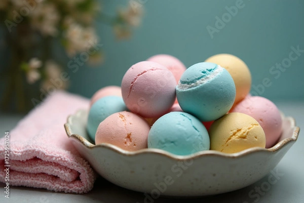 Fototapeta A scalloped white bowl overflowing with colorful bath bombs in pastel shades of pink, yellow, and blue, next to a folded pink towel.