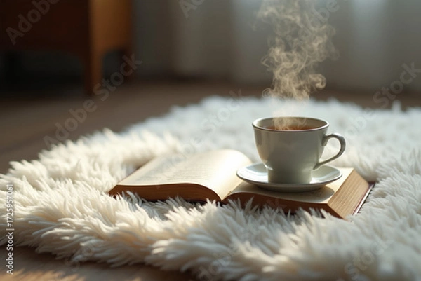 Fototapeta A steaming cup of tea resting on an open book, all placed on a plush, shaggy, white area rug on a wooden floor.