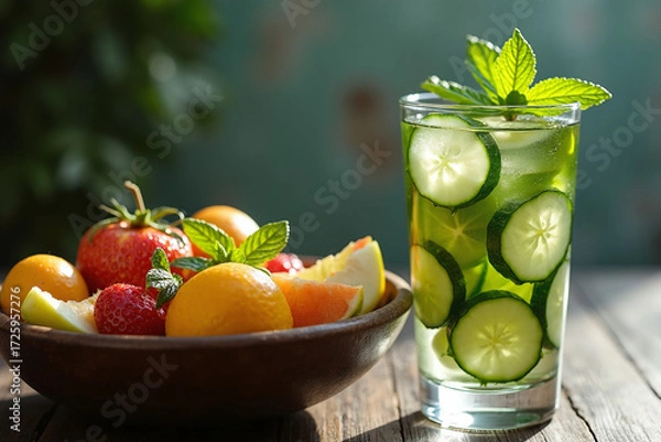 Obraz A glass of cucumber and mint infused water next to a wooden bowl filled with various fresh fruits like strawberries, oranges, and grapefruit in bright sunlight.