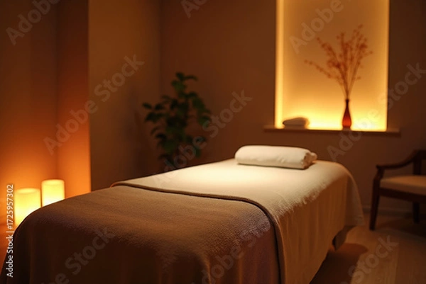 Fototapeta A warmly lit massage bed in a dimly lit, tranquil spa room, featuring a towel, pillow, and minimalist decoration.
