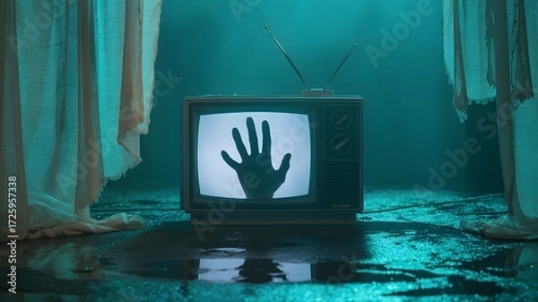 Fototapeta A haunting scene with a vintage TV displaying a ghostly hand, surrounded by dim lighting and eerie curtains.