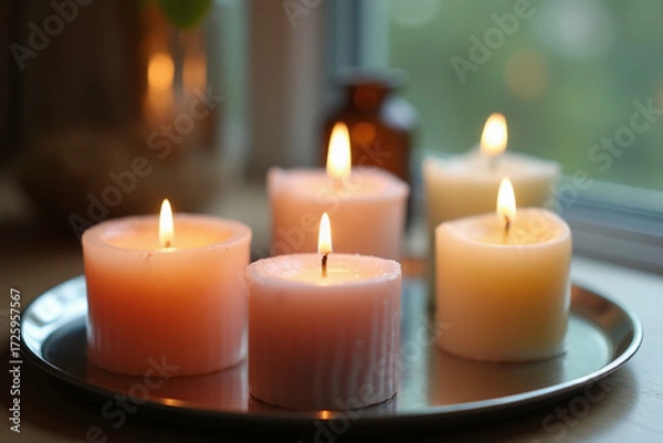 Fototapeta Five lit, short, pillar-style candles in warm shades of pink and cream, arranged on a round, polished silver tray near a window.