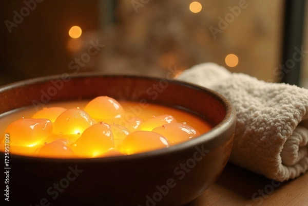Fototapeta A wooden bowl filled with water and glowing, warm orange spa pebbles or beads, next to a white folded towel.