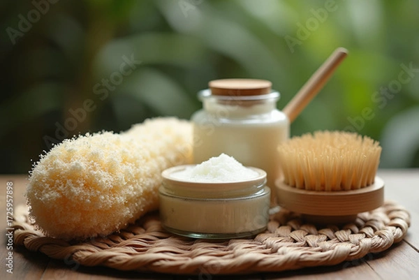 Obraz Natural body brush, loofah or sponge, and jars of body scrub and cream on a round woven mat against a green background.