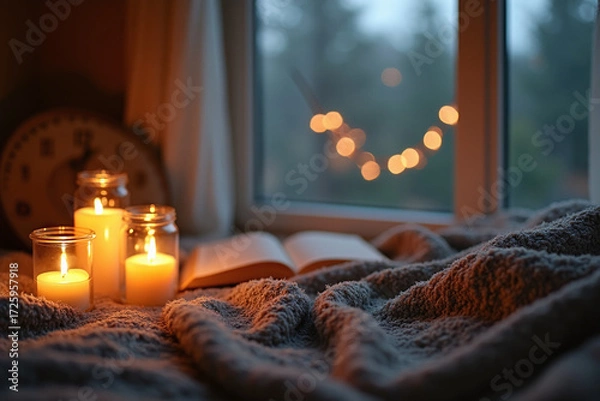 Fototapeta A cozy evening scene with an open book resting on a fuzzy gray blanket, illuminated by three jar candles and soft window lights.