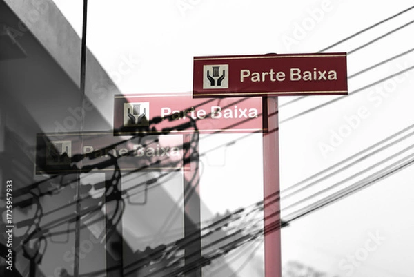 Obraz Duplicated Sign and Power Lines, Monochrome