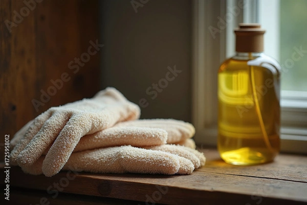 Fototapeta A stack of fluffy hand or body care gloves next to a bottle of golden body or cuticle oil, set on a rustic wooden window sill.