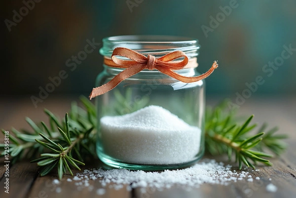 Fototapeta A small glass jar filled with white bath or scrub salt, tied with an orange ribbon, and surrounded by fresh green pine or rosemary sprigs on a rustic wooden surface.