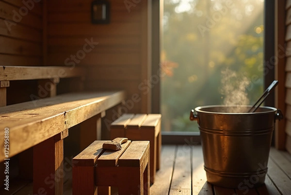 Fototapeta The interior of a sunlit wooden sauna, featuring benches, a small stool, and a brass bucket with steaming water, ready for use.