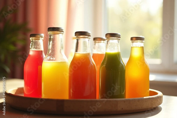 Fototapeta A row of glass bottles filled with colorful juices or cold-pressed beverages, arranged on a round wooden tray and illuminated by bright window light.