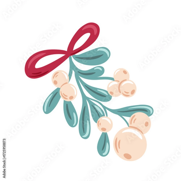 Fototapeta A delicate mistletoe sprig with glossy green leaves and tiny white berries, elegantly curved on a slender stem for a festive, minimalist vector design.