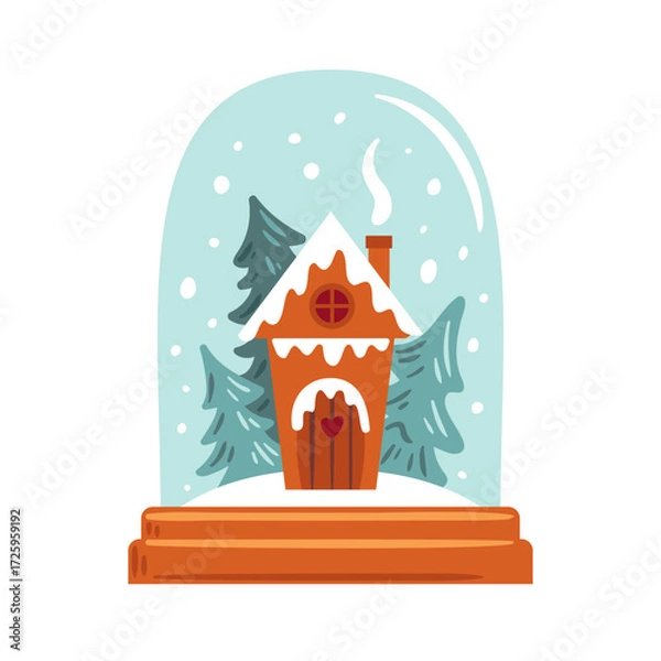 Fototapeta A cozy winter snow globe showcasing a delightful gingerbread house surrounded by lush pine trees. This enchanting vector illustration evokes warmth and holiday magic, perfect for festive designs.