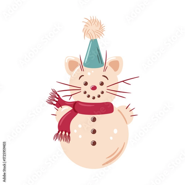 Fototapeta An incredibly adorable winter mouse snowman dressed in a stylish hat and scarf, bringing warmth and charm to the season. This whimsical vector illustration captures the joy of winter festivities and