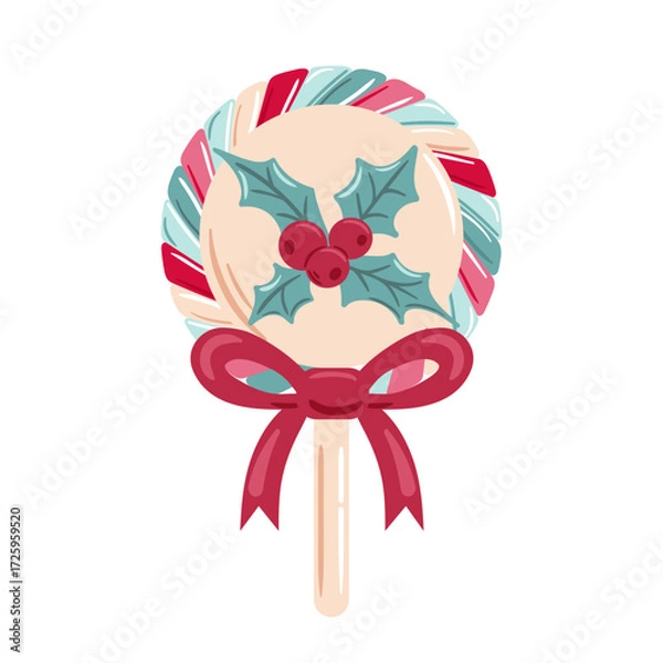 Fototapeta A vibrant, colorful Christmas lollipop adorned with holly and a cheerful bow tie, bursting with festive charm and glossy highlights.