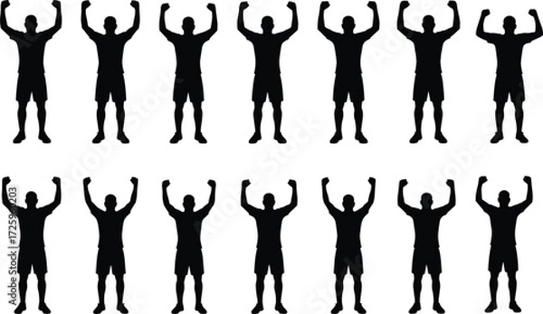 Fototapeta Black silhouettes of men standing with arms raised in a victorious pose, isolated on a white background, representing success and achievement