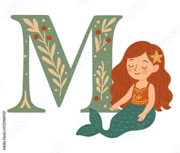 Fototapeta Cute mermaid with floral Letter M whimsical folk-style vector perfect for alphabet learning, nursery posters, personalized prints, children’s books, flashcards, emblems, and ocean-themed decor