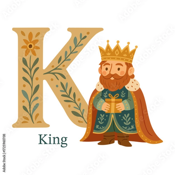 Fototapeta Regal king with floral Letter K folk style vector illustration for alphabet learning, nursery posters, personalized initials, kids’ books, flashcards, emblems, and royal themed classroom decor