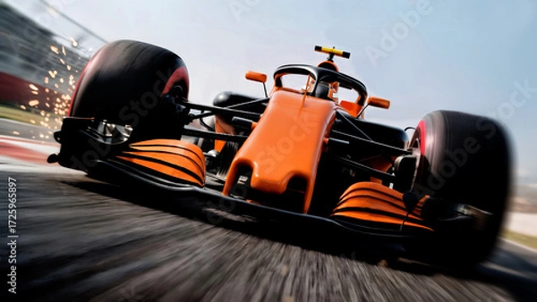 Fototapeta Front view of orange Formula 1 race car at high speed with sparks flying on track.