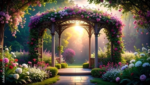 Fototapeta Enchanted Floral Arbor: A Serene Garden Gateway with Blooming Cascade of Roses