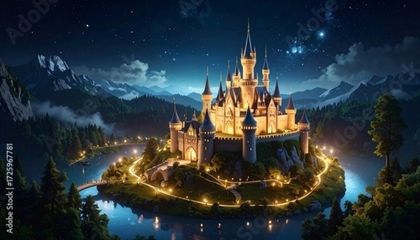 Fototapeta Enchanting kingdom castle under a starry night sky, creating a magical dreamlike view