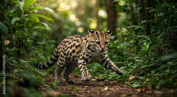 Fototapeta A captivating margay cat captured mid-pounce in its natural habitat surrounded by lush greenery