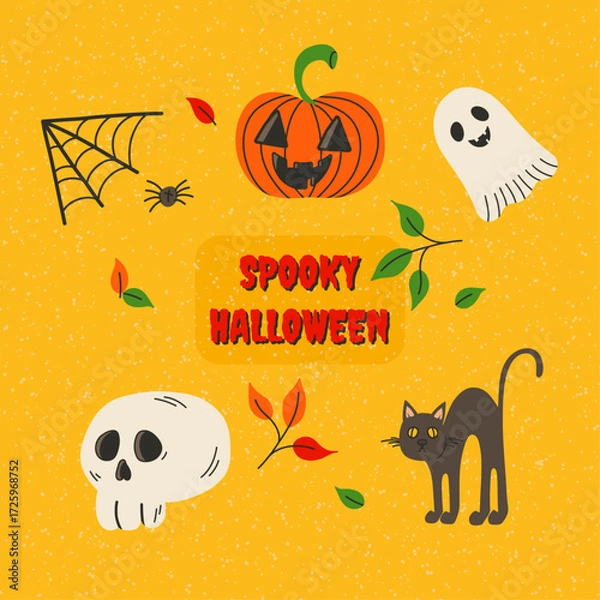 Fototapeta Happy Halloween element set, background vector. Cute groovy spooky ghost, pumpkin, skull, spider, web, black cat. Hand drawn adorable festival illustration in doodle style for decoration, prints. 