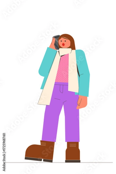 Fototapeta Woman talking on the mobile phone in a coat with scarf holding a smartphone. Vector colorful spring, fall illustration